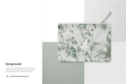 Flat canvas pouch with fabric zipper pull shown from the front, featuring a botanical pattern with swans and flowers.