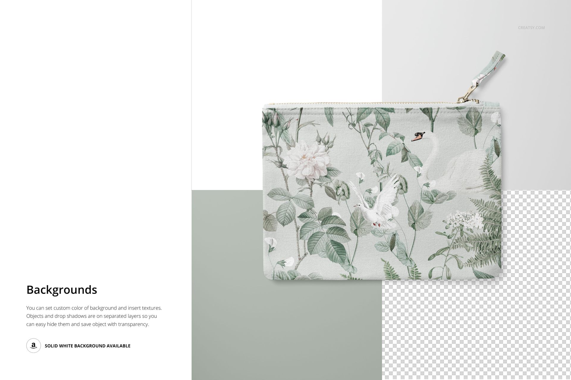 Flat canvas pouch with fabric zipper pull shown from the front, featuring a botanical pattern with swans and flowers.