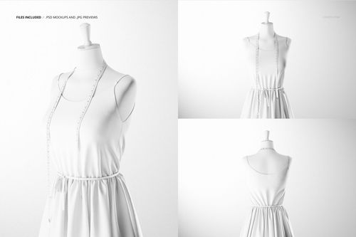 Fabric dress PSD mockup with front and back perspectives, highlighting the plain white garment and mannequin against a light background.