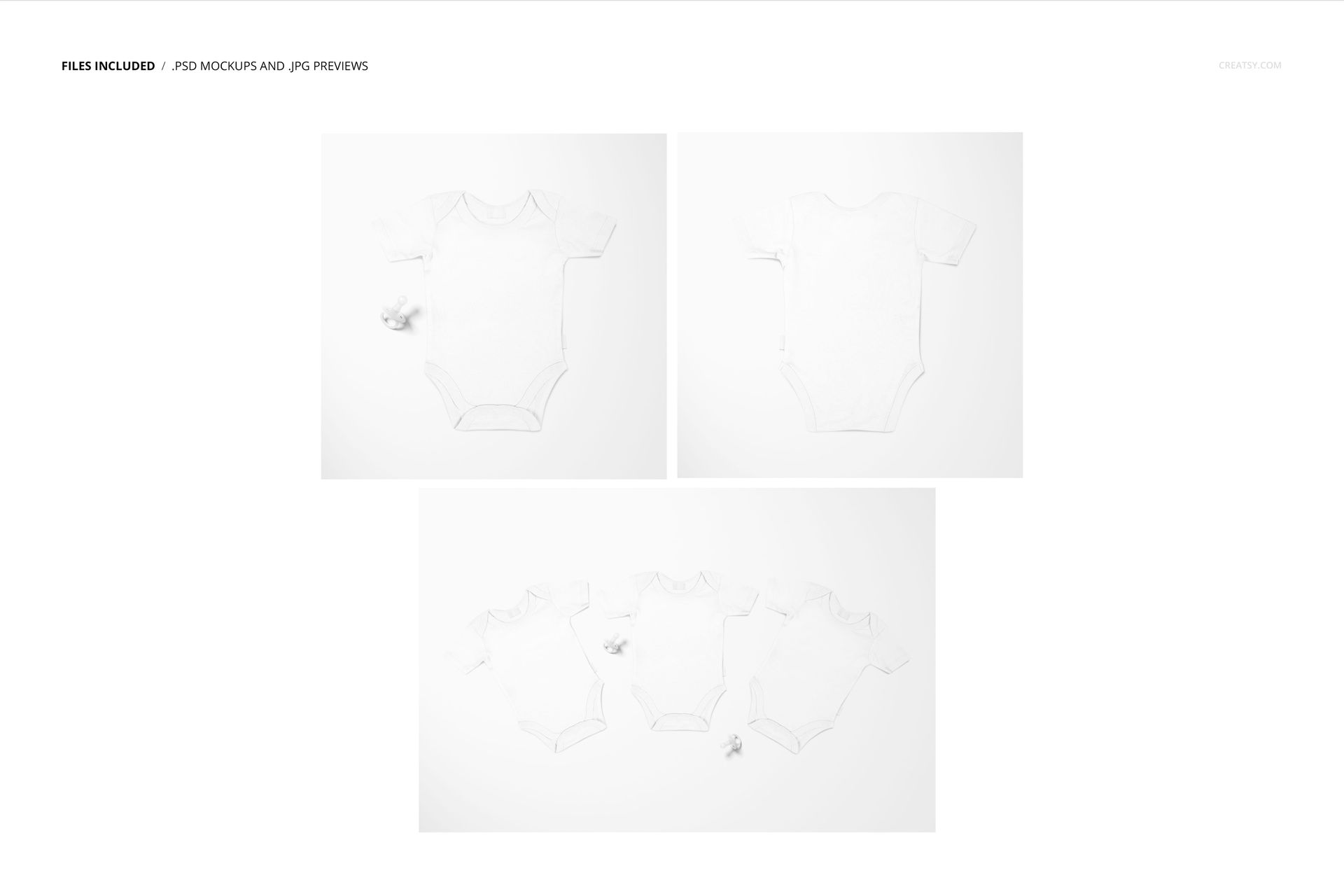 PSD mockup set showing multiple plain white baby onesies laid out flat, accompanied by small soft toys as props.