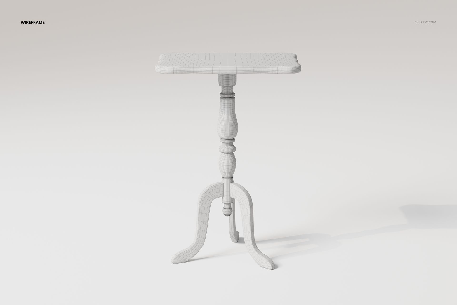 Baroque style round side table in white wireframe, shown from a front angle on a plain light background.