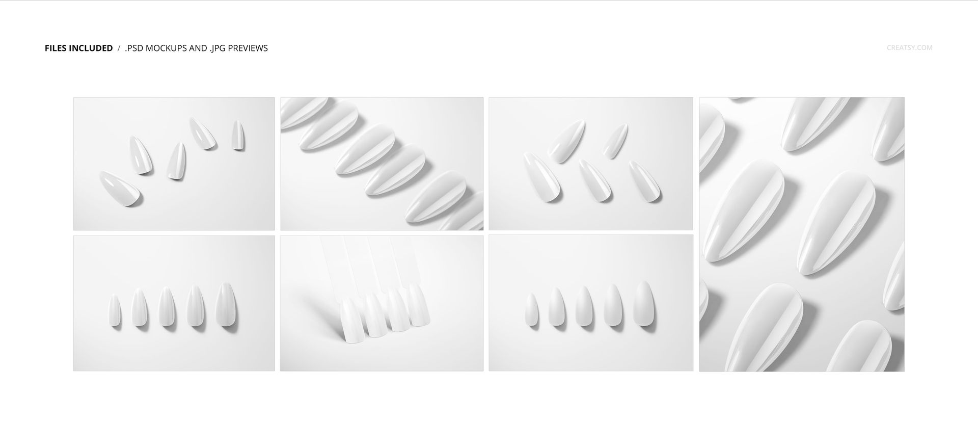 Multiple white nail tips shown in different layouts and perspectives, emphasizing glossy and matte finishes on mockup.