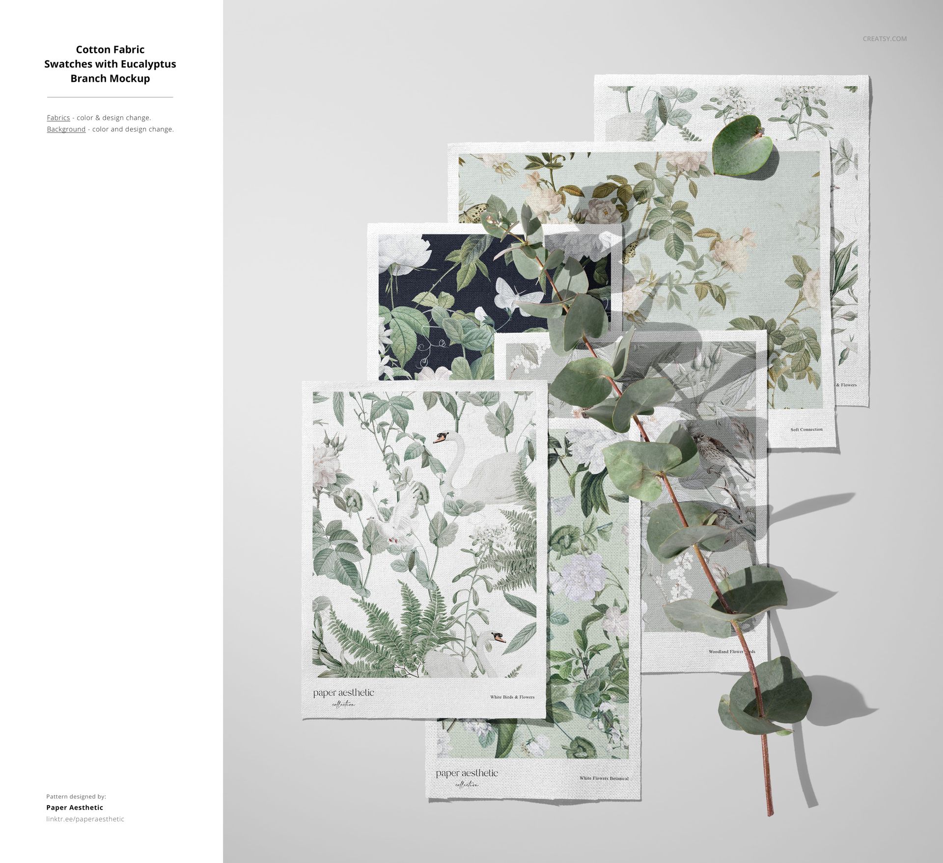 Cotton fabric mockup featuring layered swatches with nature-inspired prints and a eucalyptus branch on a light surface.