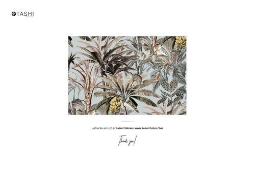 Rectangular dining room tablecloth mockup featuring a tropical leaf and plant pattern in earthy tones, front view.