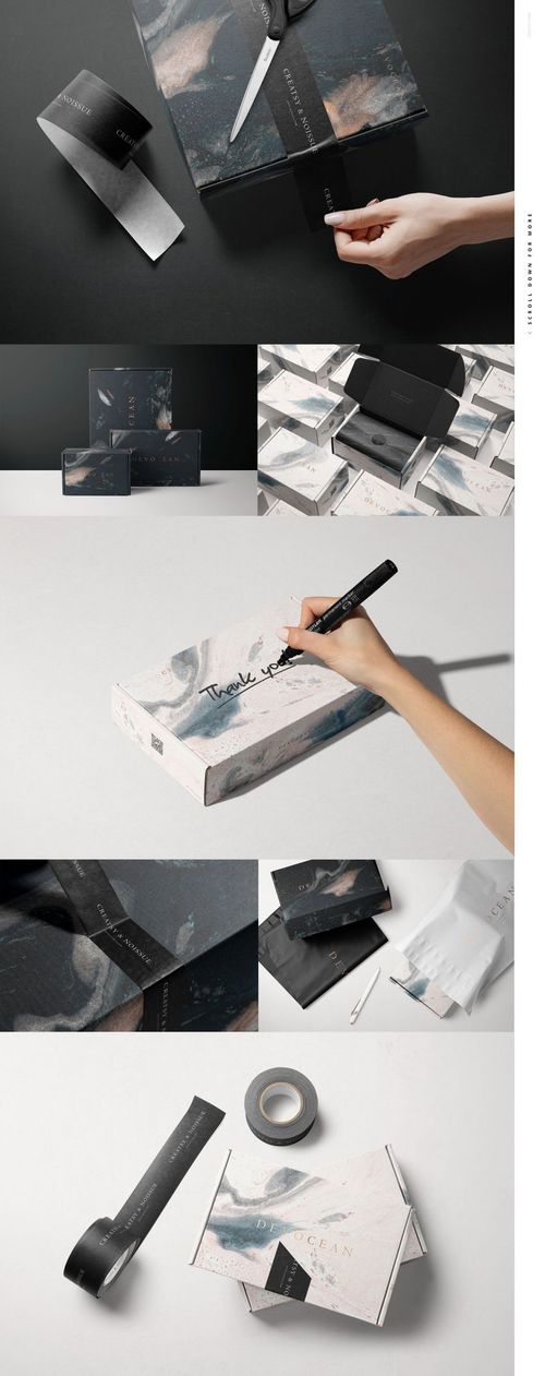 Mailing box mockup bundle featuring rectangular boxes with abstract patterns, ribbon, and packaging props in various scenes.