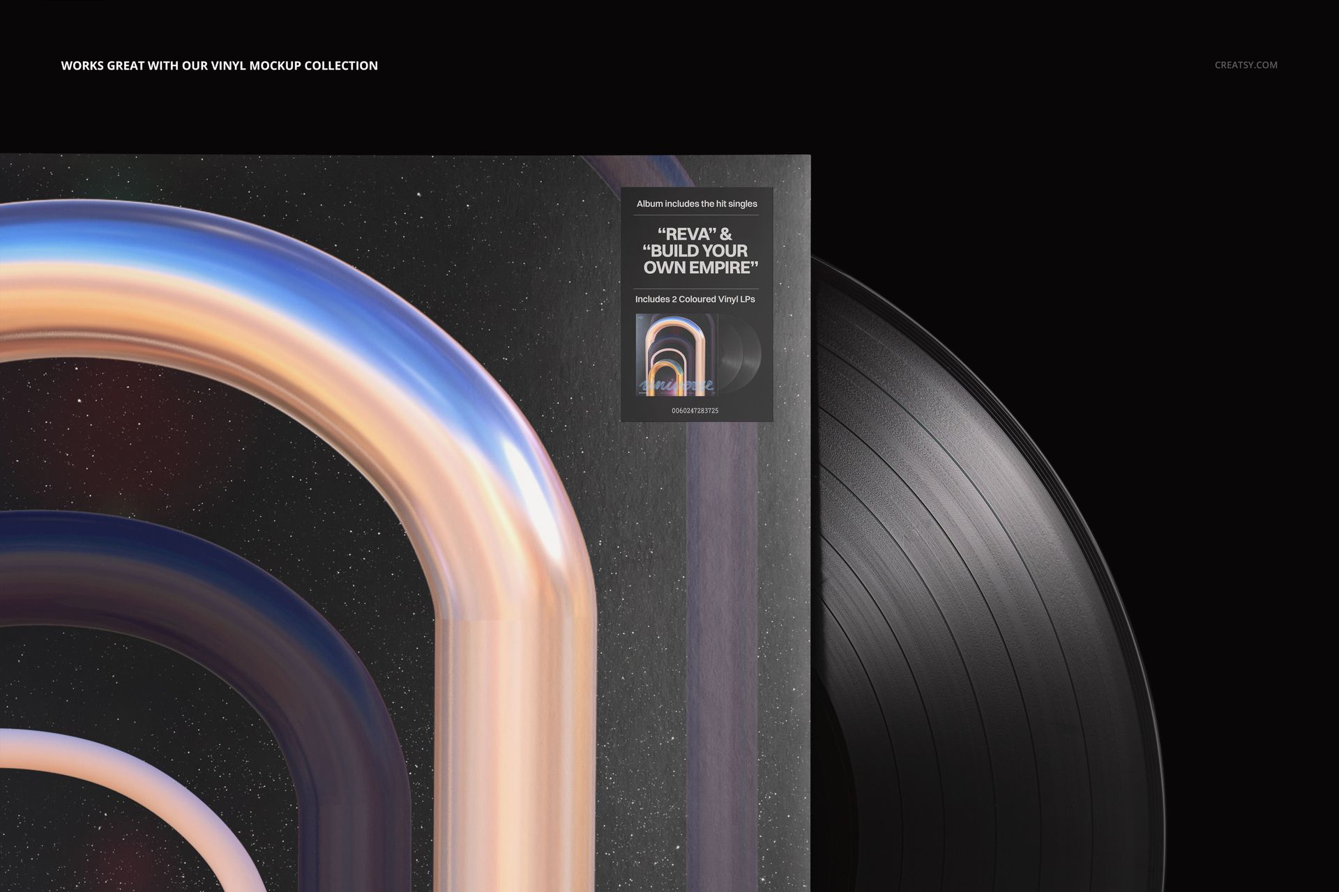 Front view of a vinyl record partially visible next to a square album cover with abstract curved lines in pastel colors.