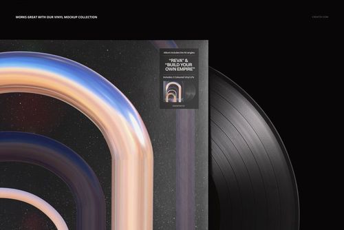 Front view of a vinyl record partially visible next to a square album cover with abstract curved lines in pastel colors.