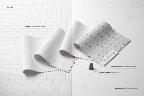 Fabric swatches mockup displayed on a grid and speckled background, showing various patterns and a thimble prop.