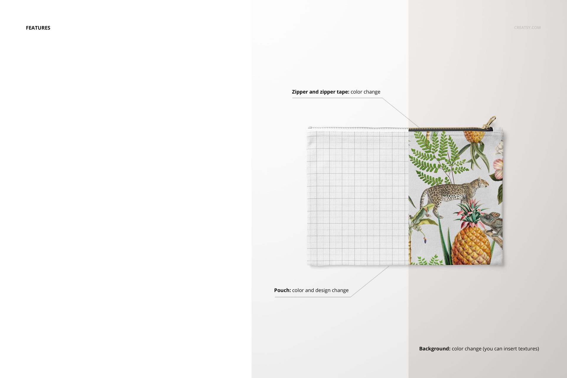 Front view of a rectangular canvas pouch mockup with a zipper, showing tropical plants, a leopard, and a pineapple design.