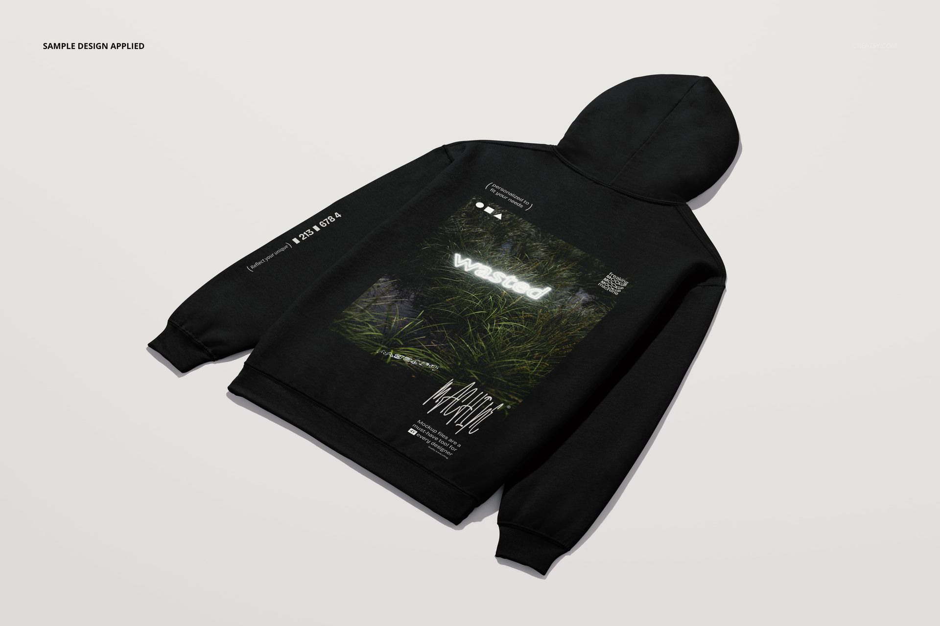 Black adult hoodie mockup displayed from the back at an angle, featuring a large graphic print and visible hood.