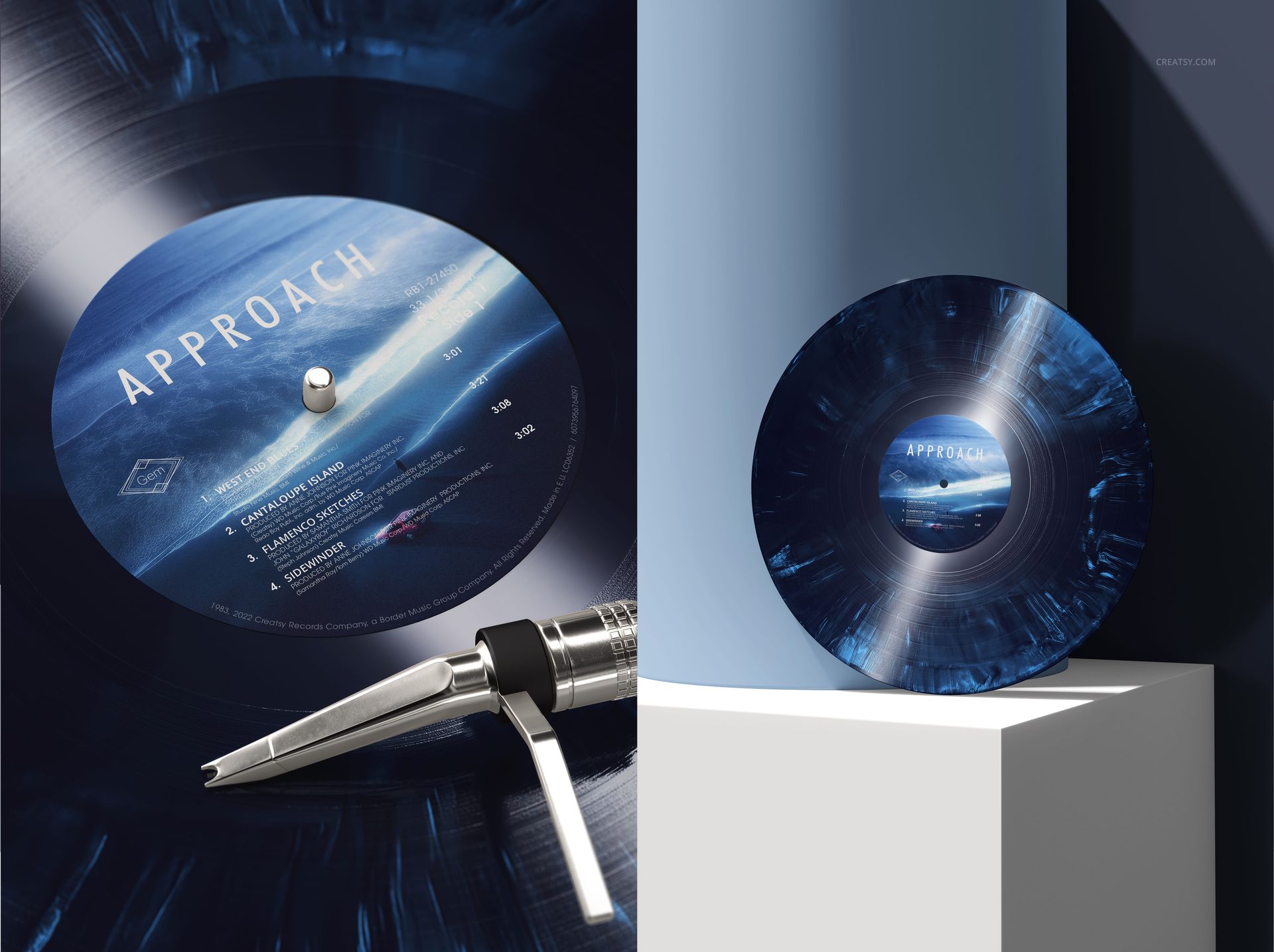 Special effects vinyl record mockup with swirling blue patterns, presented in both detailed and standing perspectives.