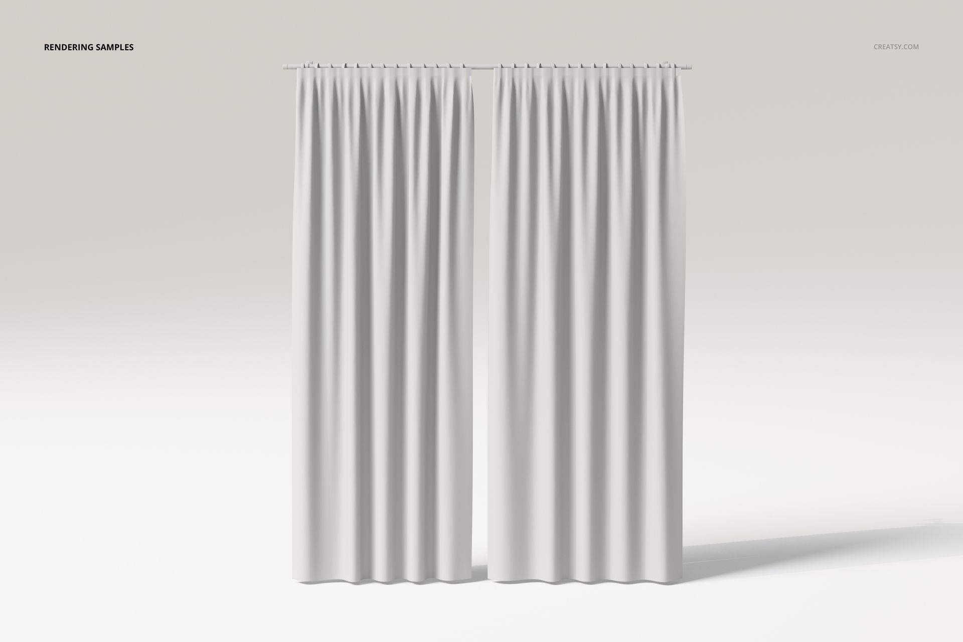 Front view of open double panel curtains in solid white fabric, hanging against a plain light background.