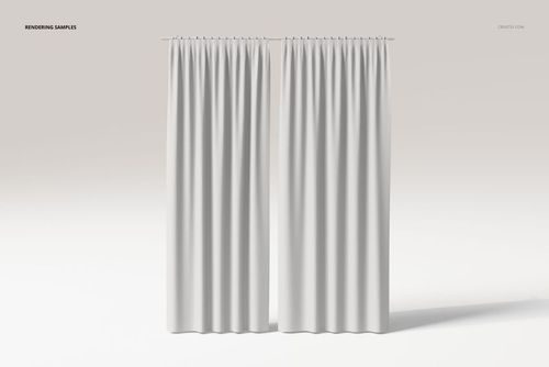 Front view of open double panel curtains in solid white fabric, hanging against a plain light background.