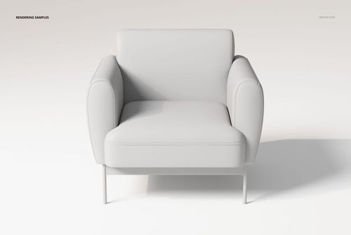 Front view of a puffy lounge chair with smooth light gray upholstery and metal legs on a plain white background.