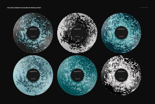 PSD mockup showing six round vinyl records with unique splatter patterns in various shades of teal, black, and white.