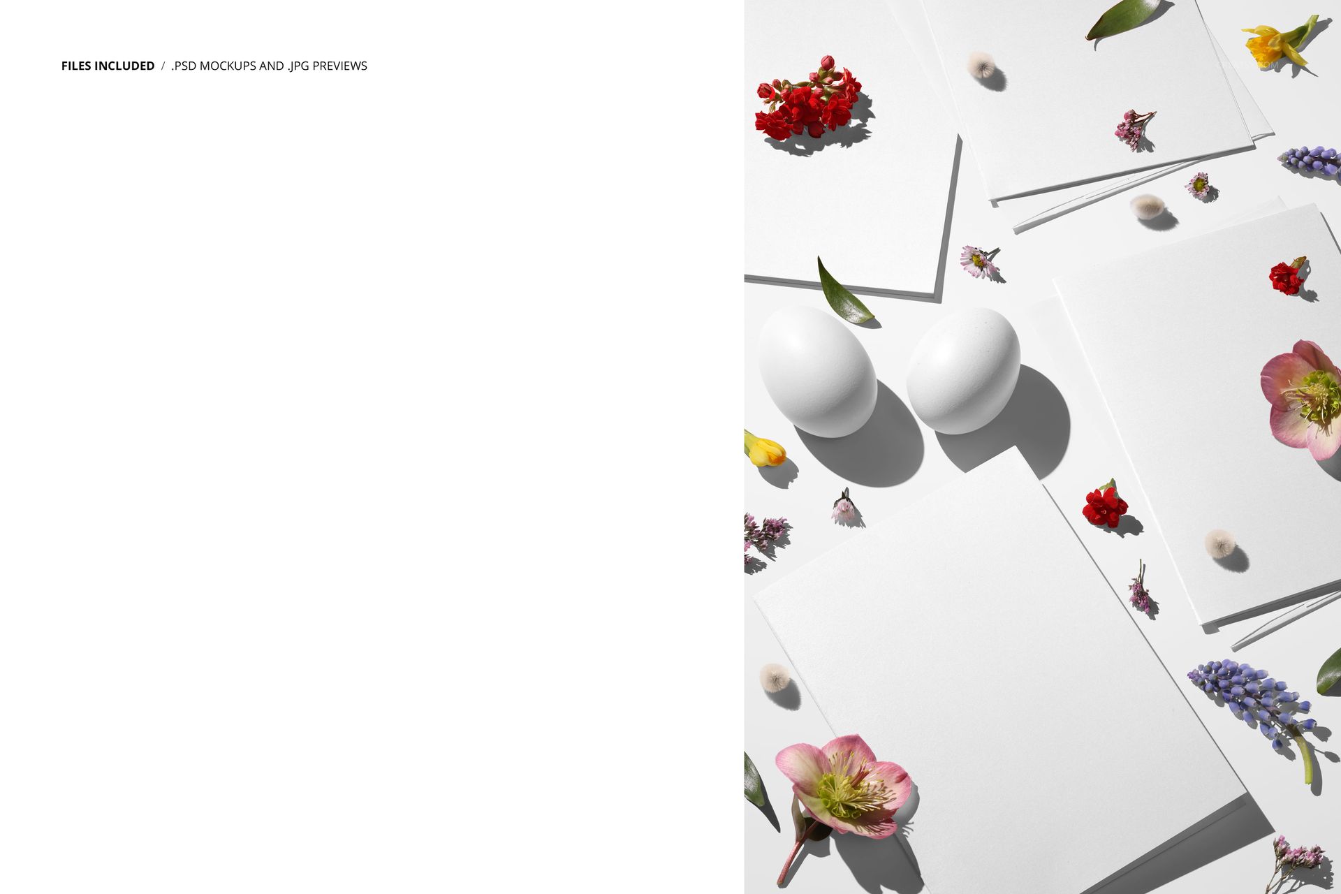 PSD mockup showing empty Easter cards and eggs surrounded by various spring flowers and small decorative elements.