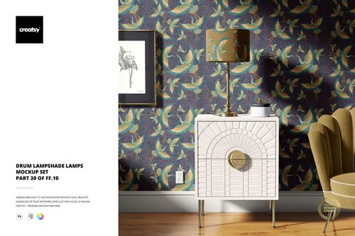 PSD mockup showing a drum lamp shade with a vibrant bird motif, next to a framed artwork and decorative cabinet.