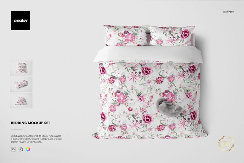 Front view of a bedding set mockup with a duvet and two pillows featuring a pink floral pattern on white fabric.