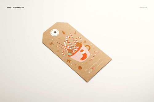 Rectangular brown paper label with angled top, featuring a festive mug illustration and candy cane pattern, shown in mockup.