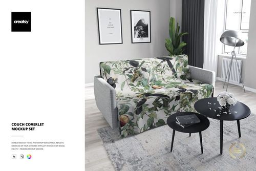 Couch PSD mockup displaying a sofa draped with a leafy green and floral coverlet, set in a bright living space.