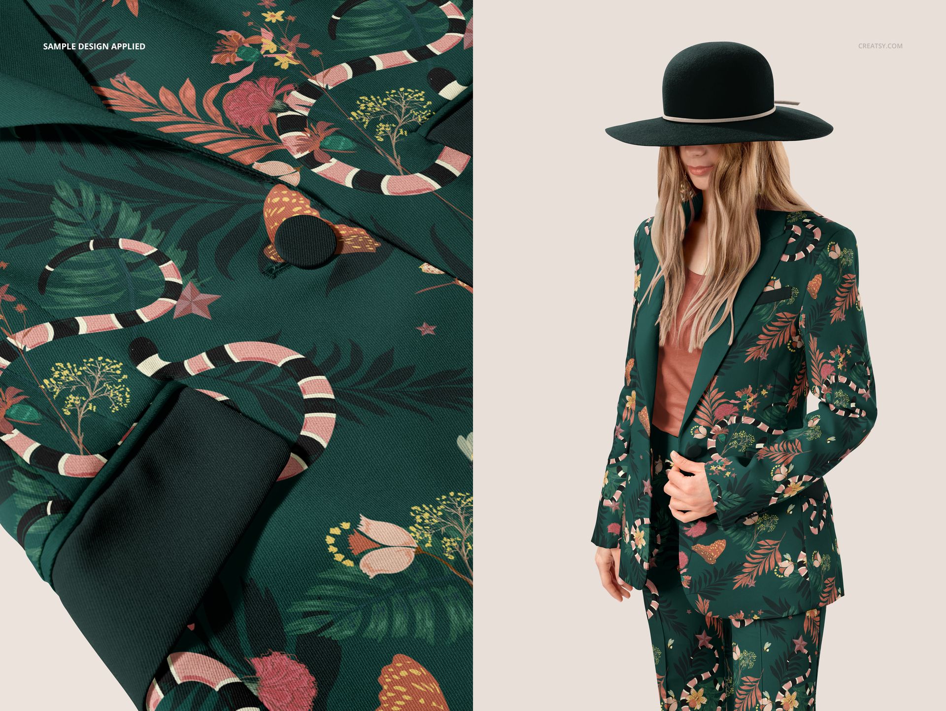 Green two-piece blazer and trousers set with botanical and abstract patterns, shown in a PSD mockup scene with model.