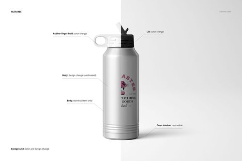 32 oz. stainless steel water bottle mockup displayed upright, featuring customizable body and lid, on a clean backdrop.