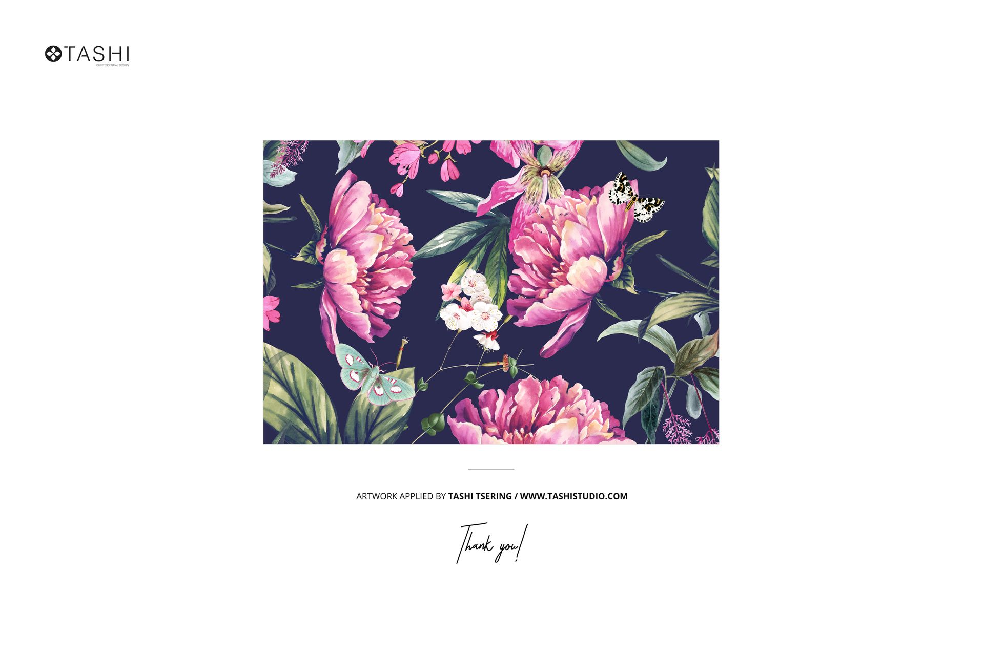 Front view of a wallpaper sample book mockup featuring a floral pattern with pink flowers and green leaves on a dark background.
