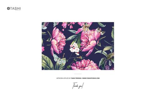 Front view of a wallpaper sample book mockup featuring a floral pattern with pink flowers and green leaves on a dark background.