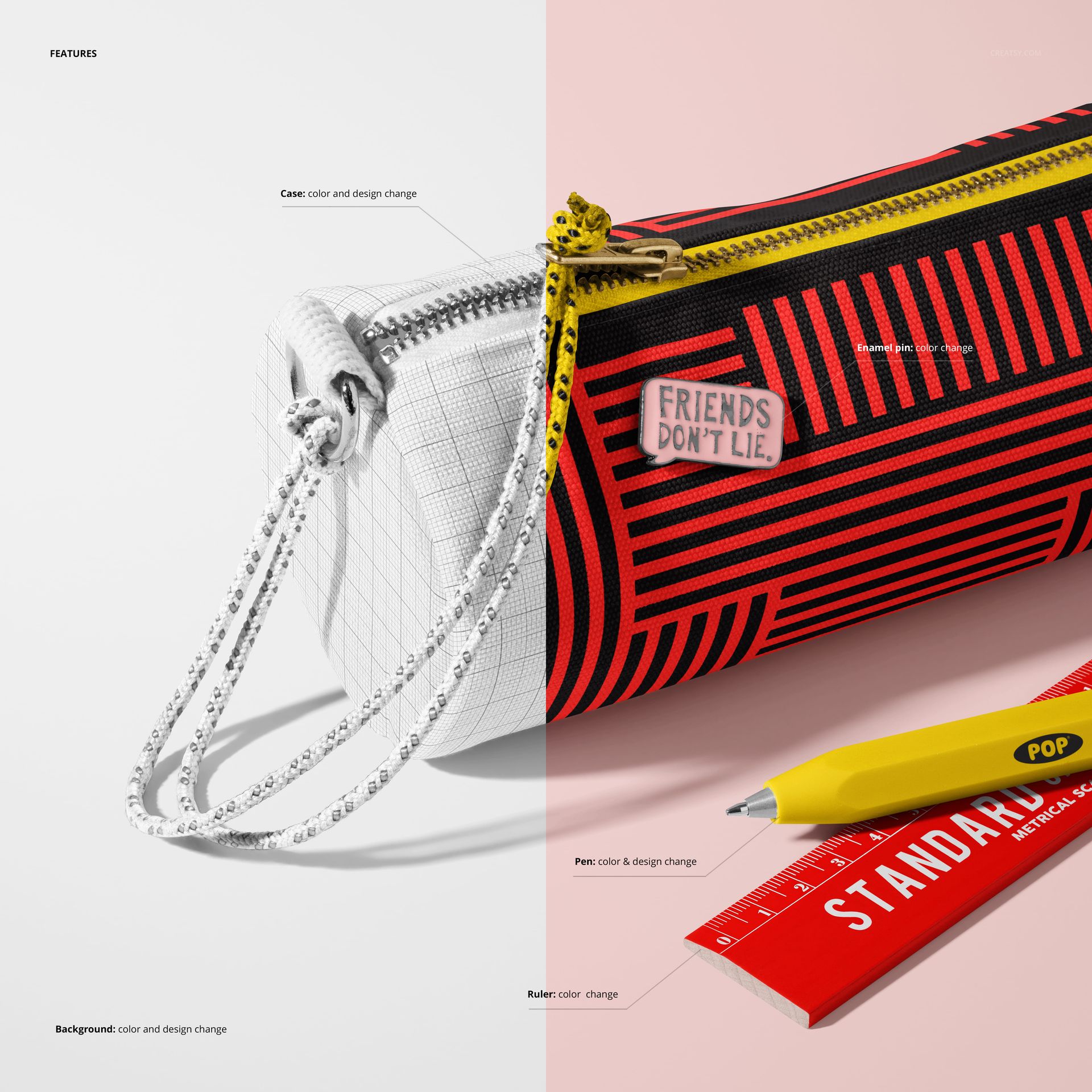 Fabric pencil case mockup shown in close-up, with half white grid pattern and half black with red geometric lines, zipper visible.