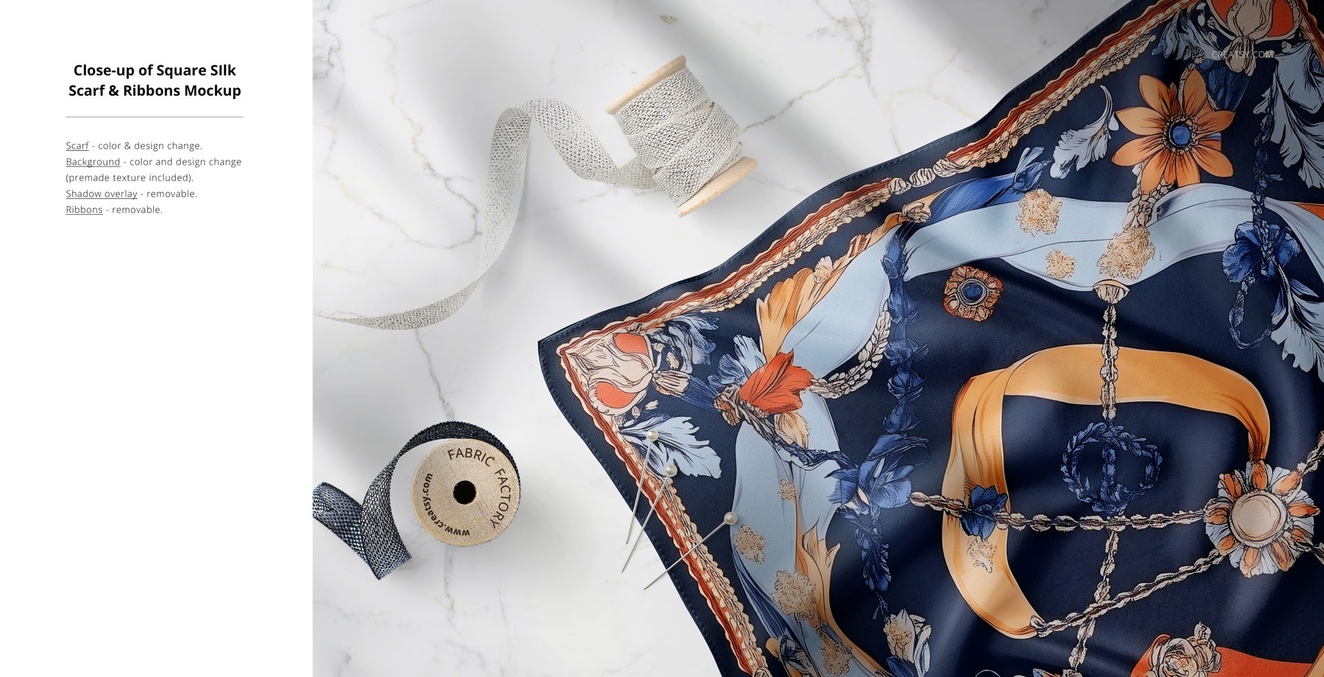 Silk fabric mockup featuring detailed floral and chain motifs in navy, orange, and beige, shown from above on marble.