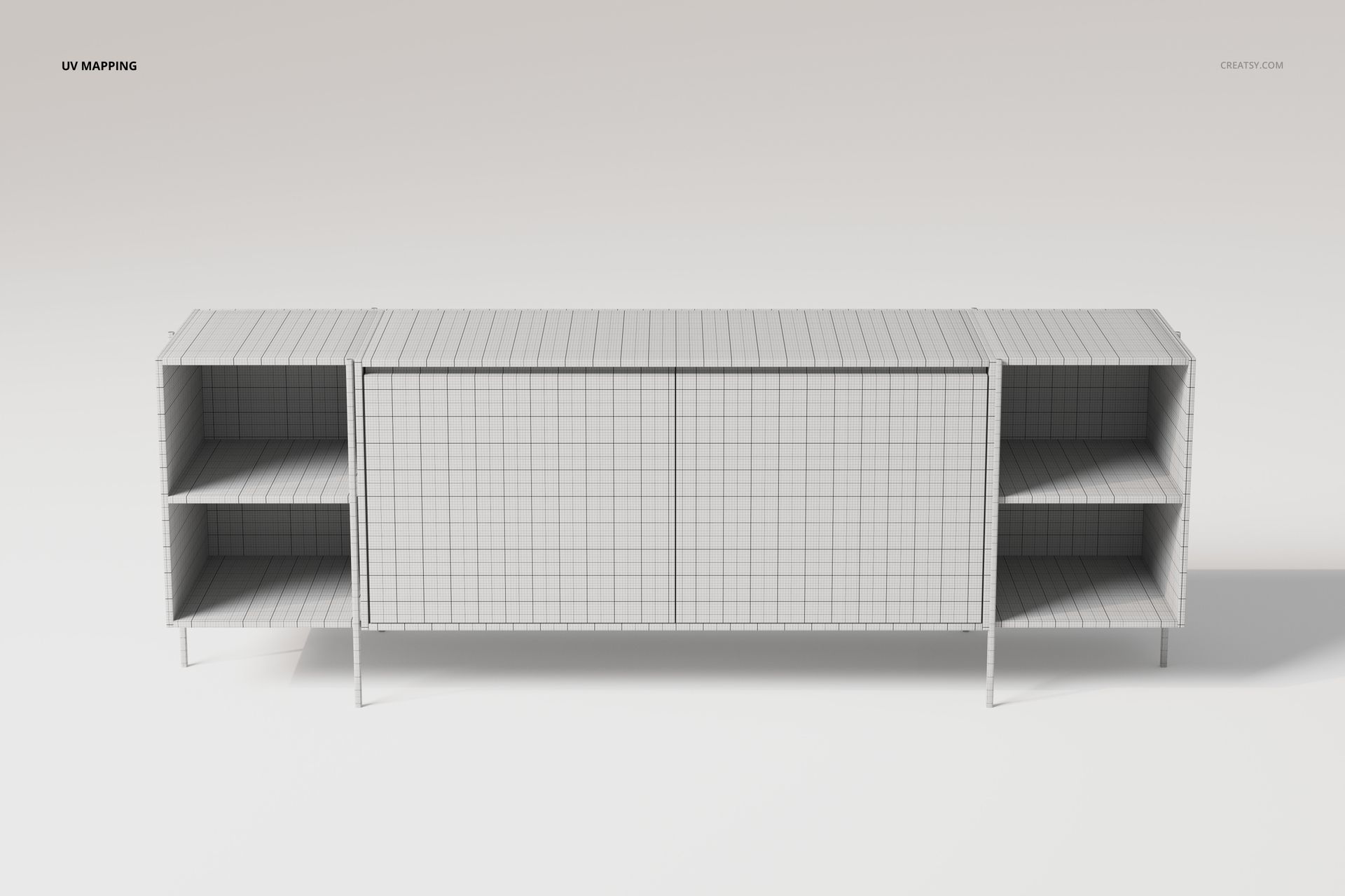 Modern sideboard credenza 3D model in a front view, featuring a grid pattern for UV mapping and open shelving on both sides.