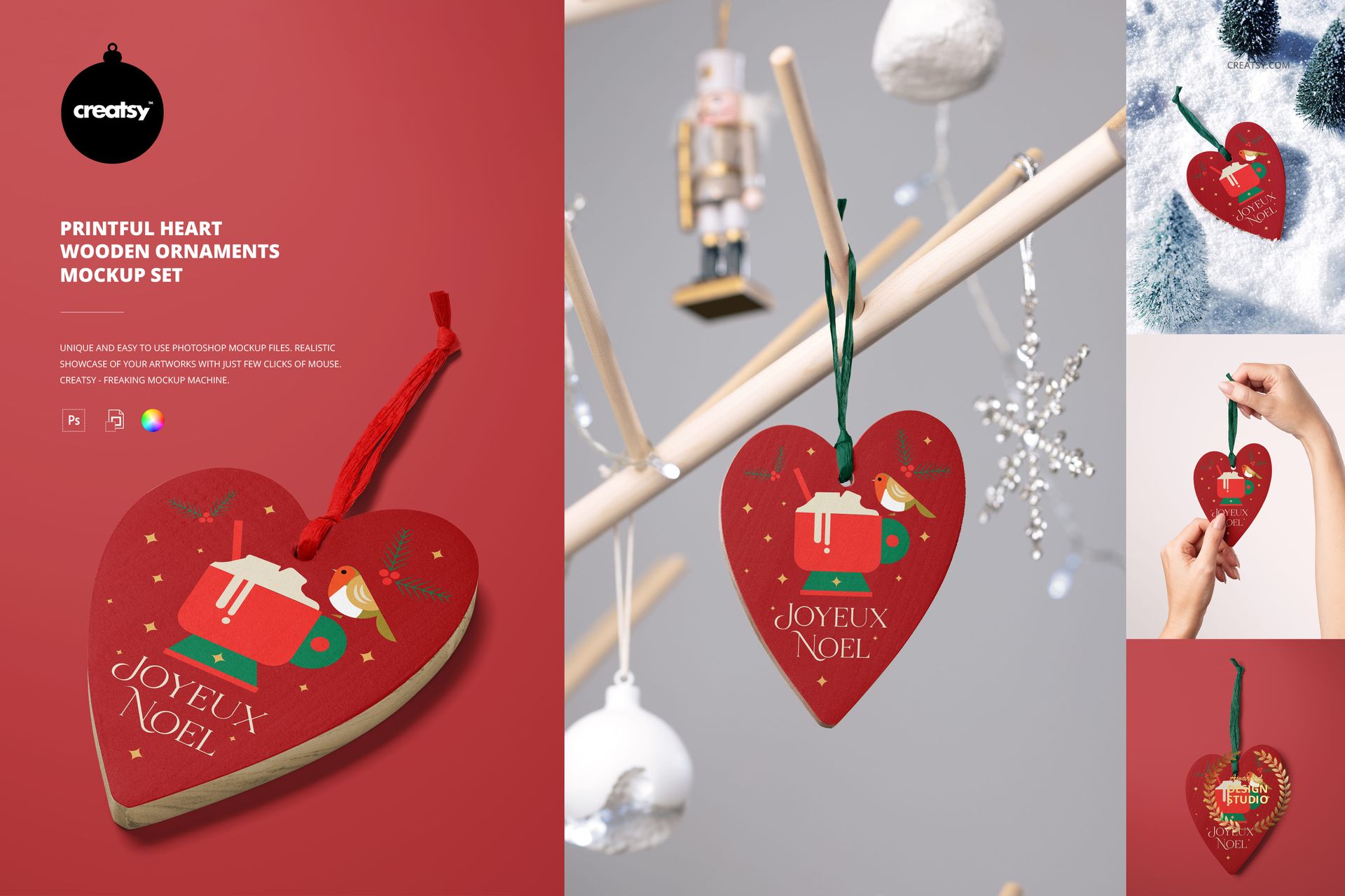 Heart-shaped Christmas ornament mockup featuring red color, festive design, and hanging on a tree branch.