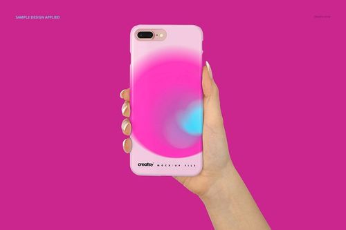 PSD mockup of an iPhone 7 Plus or 8 Plus plastic case shown in hand, with a soft pink and blue circular design on a bright pink backdrop.