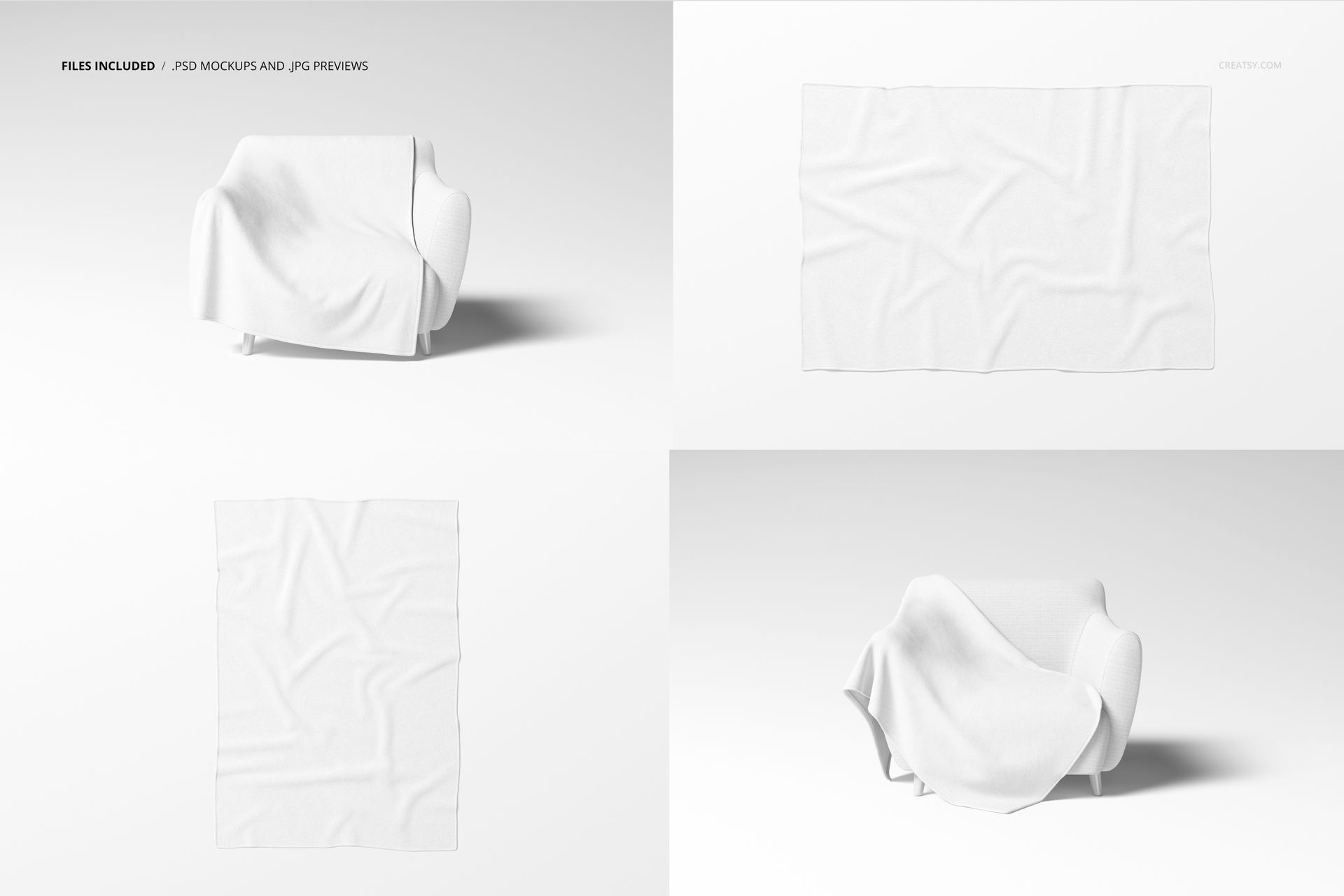 Fleece throw blanket mockup set showing a plain white blanket draped over a sofa and laid flat, with soft folds.