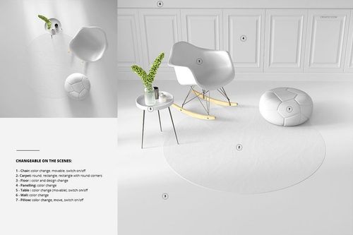 Minimalist room scene featuring a round white carpet mockup, white modern chair, small table with plant, and pouf, top view.
