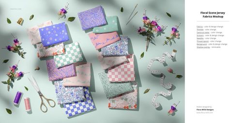 PSD mockup featuring folded jersey fabrics in different colors and patterns, surrounded by sewing accessories and scattered leaves.