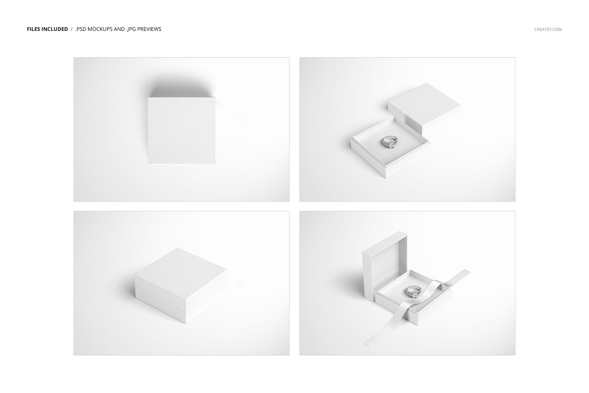 Jewelry box mockup set featuring four views of a square white box, including closed, open with a ring, and ribbon detail.