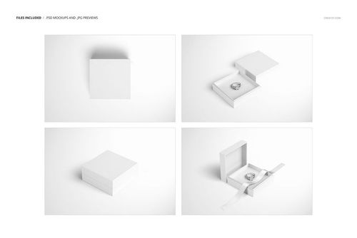 Jewelry box mockup set featuring four views of a square white box, including closed, open with a ring, and ribbon detail.