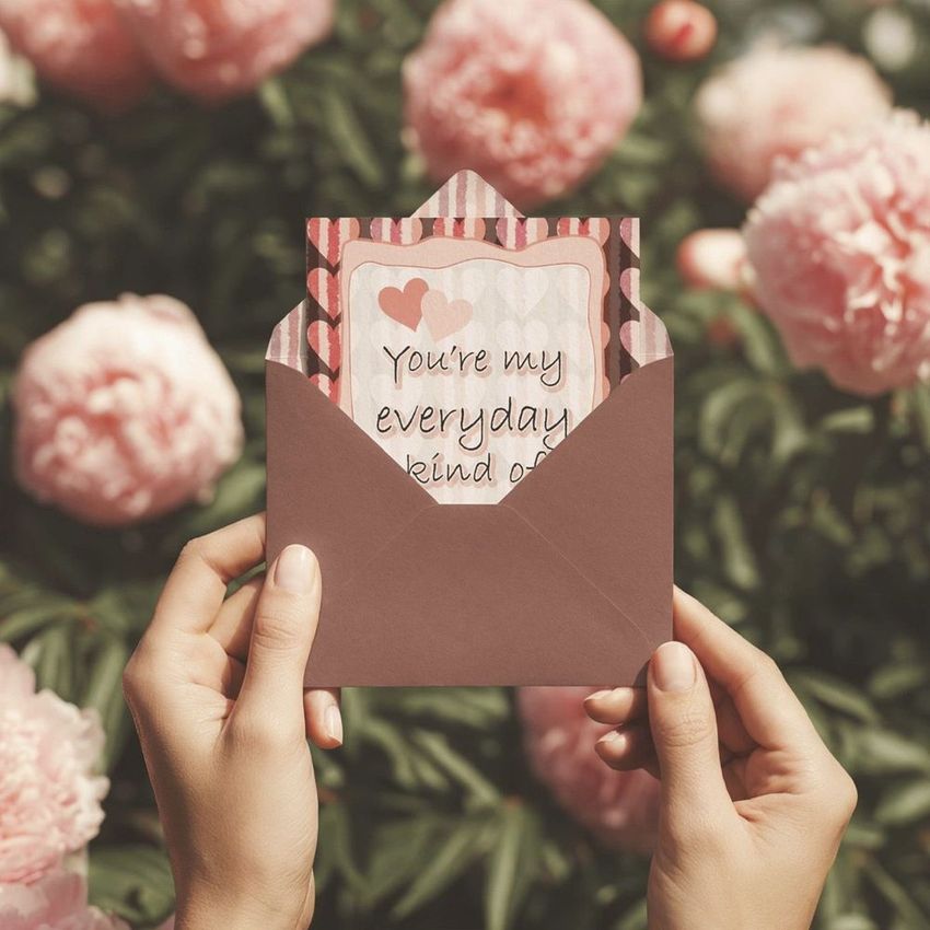Close-up of two hands presenting a greeting card mockup inside a brown envelope, with soft-focus pink peonies behind.