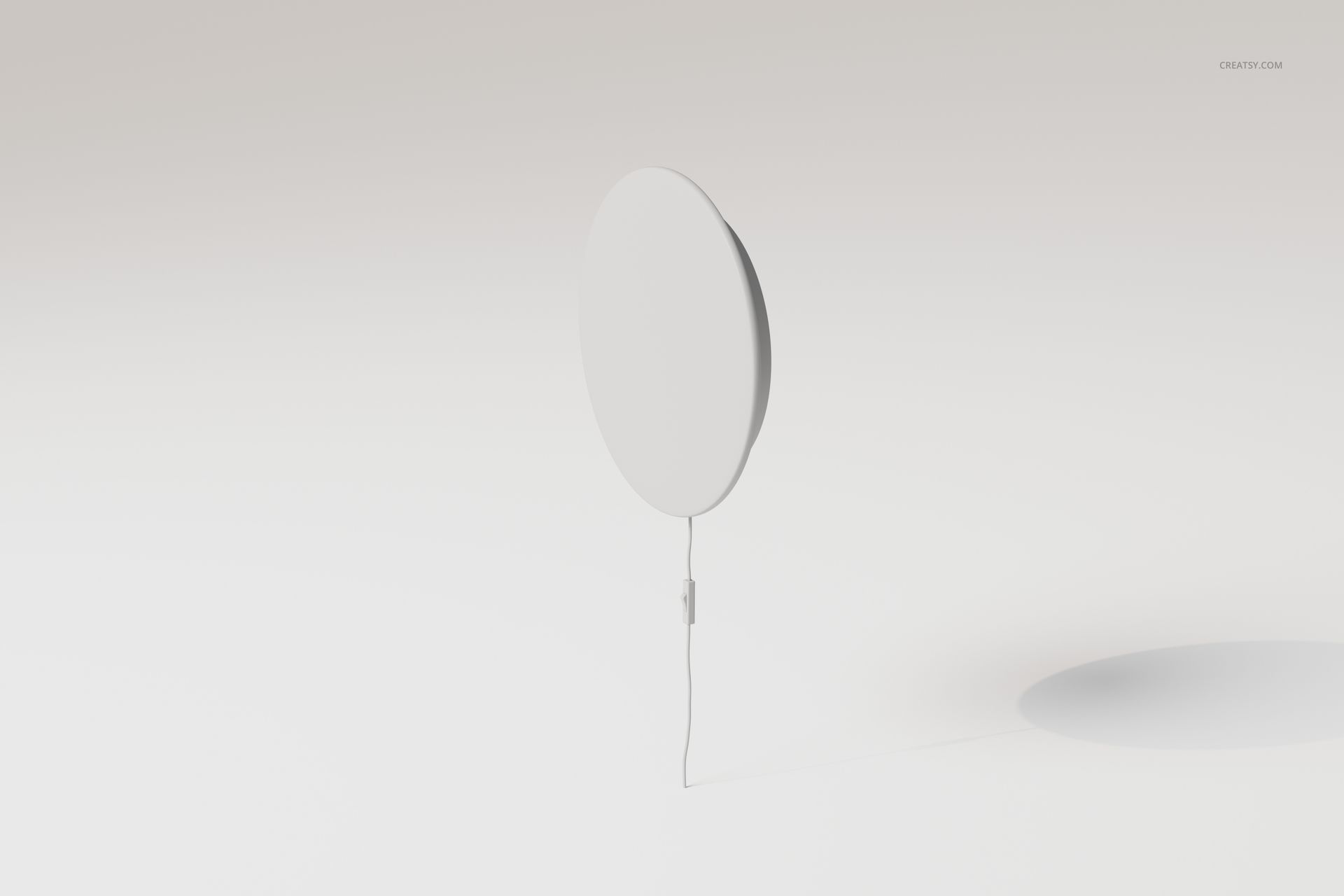 Minimalist round wall lamp in a light gray color, shown from a front angle with a visible cord and soft shadow.
