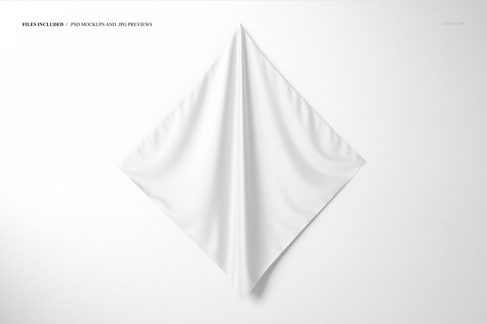 Square silk scarf in solid white, hanging on a wall with gentle folds, viewed from the front in a PSD mockup.