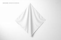 Square silk scarf in solid white, hanging on a wall with gentle folds, viewed from the front in a PSD mockup.