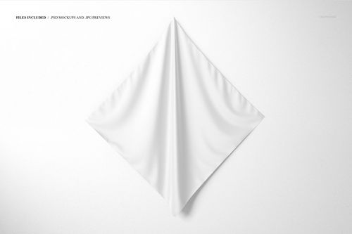 Square silk scarf in solid white, hanging on a wall with gentle folds, viewed from the front in a PSD mockup.