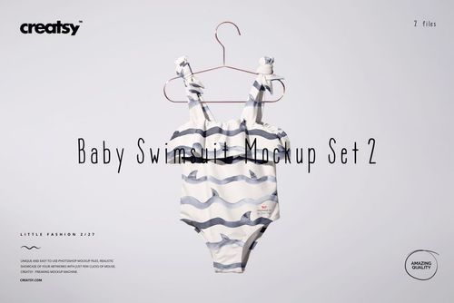 Baby swimsuit mockup featuring a ruffled shoulder design and blue wave pattern, hanging on a copper hanger.