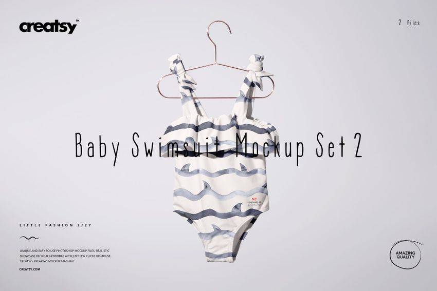 Baby swimsuit mockup featuring a ruffled shoulder design and blue wave pattern, hanging on a copper hanger.