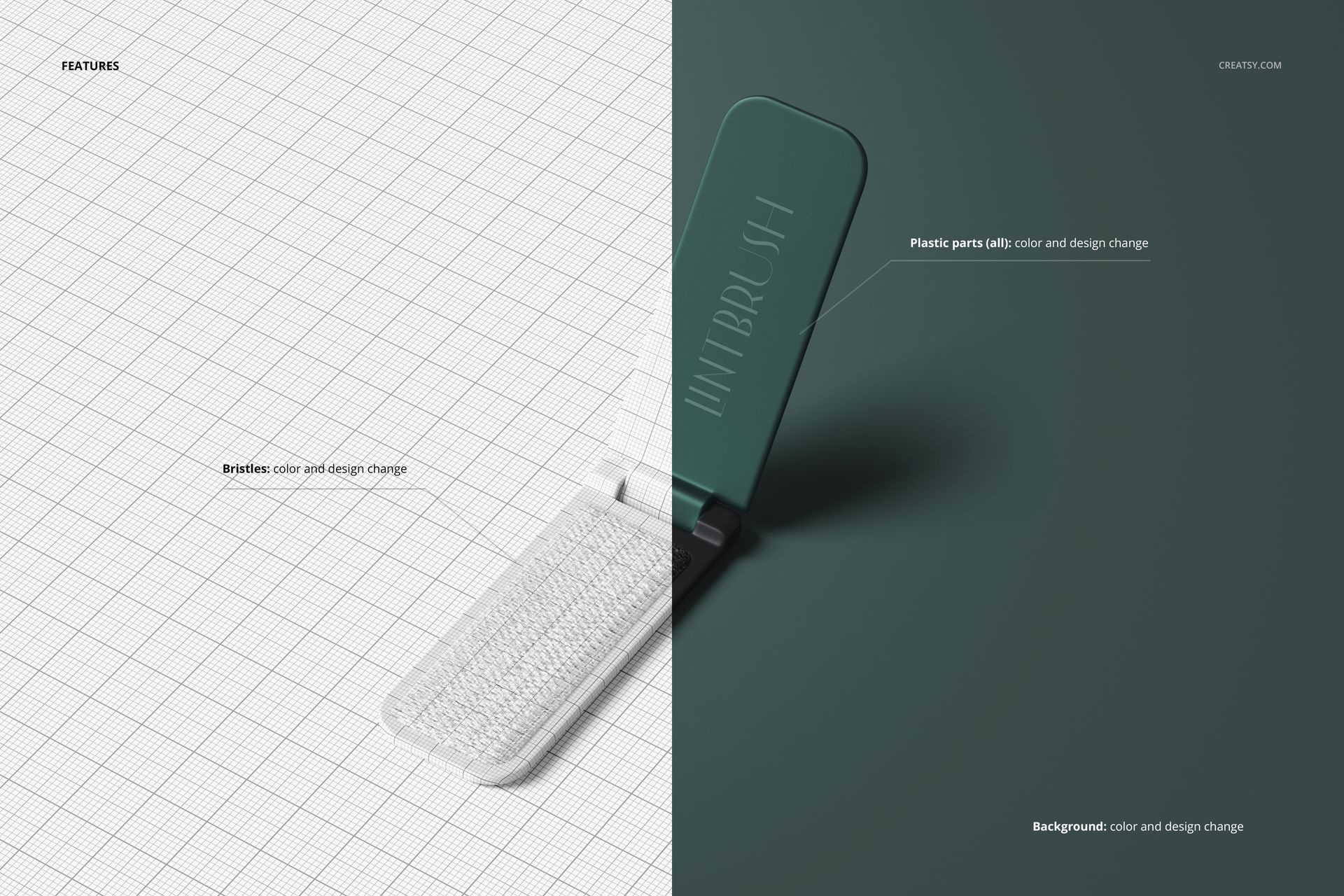 Open folding lint brush with shoe horn in green, displayed on a split grid and solid background for PSD mockup.