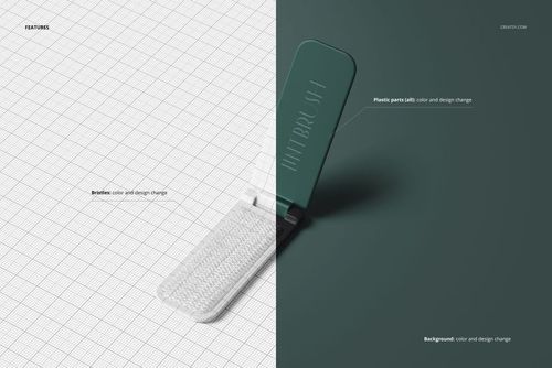 Open folding lint brush with shoe horn in green, displayed on a split grid and solid background for PSD mockup.
