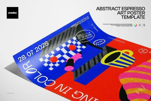 PSD mockup of a colorful poster with espresso-themed abstract graphics, including cups and checkered patterns, on a white background.