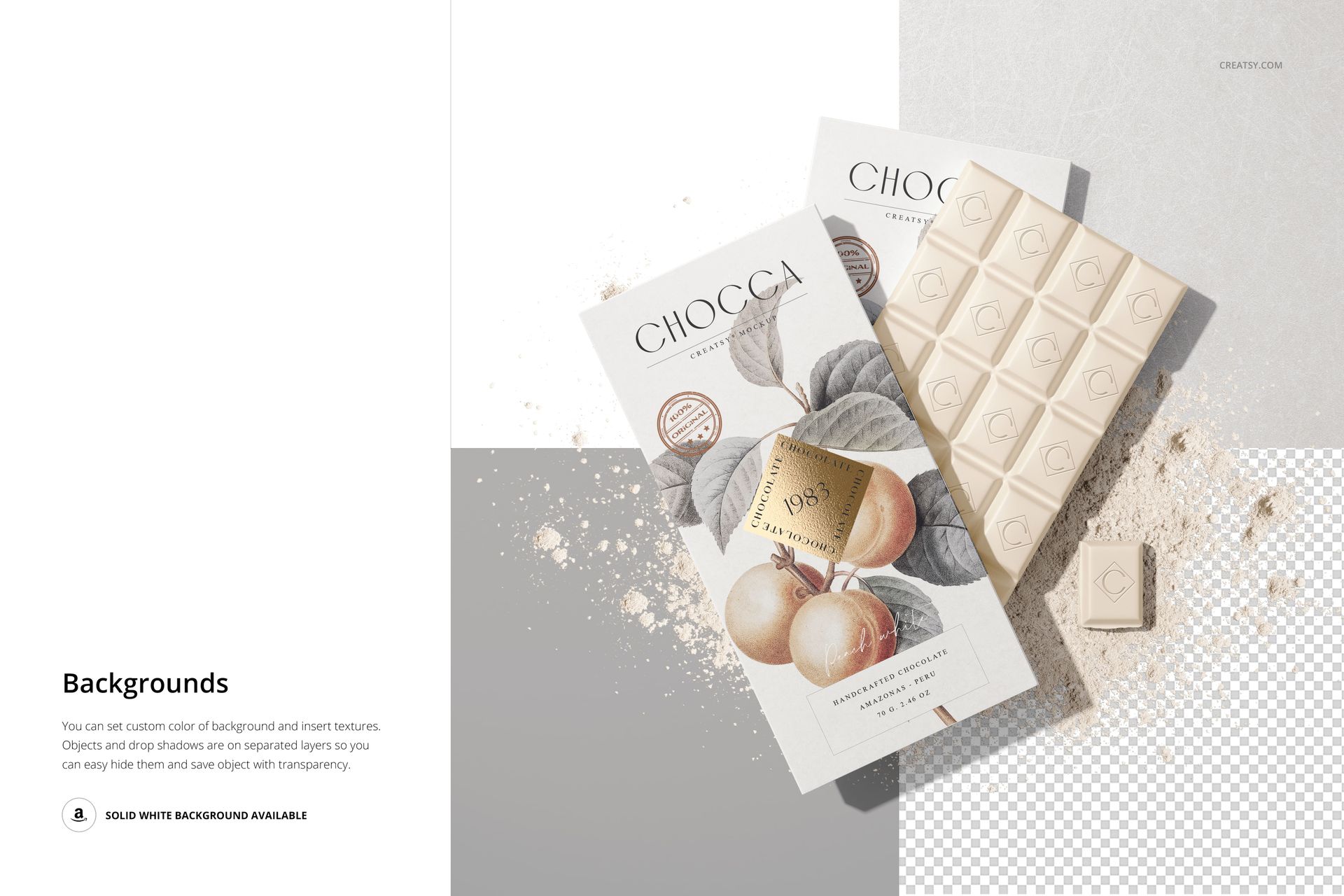 Chocolate bar packaging mockup featuring two rectangular wrappers with fruit illustrations and a white chocolate bar, top view.