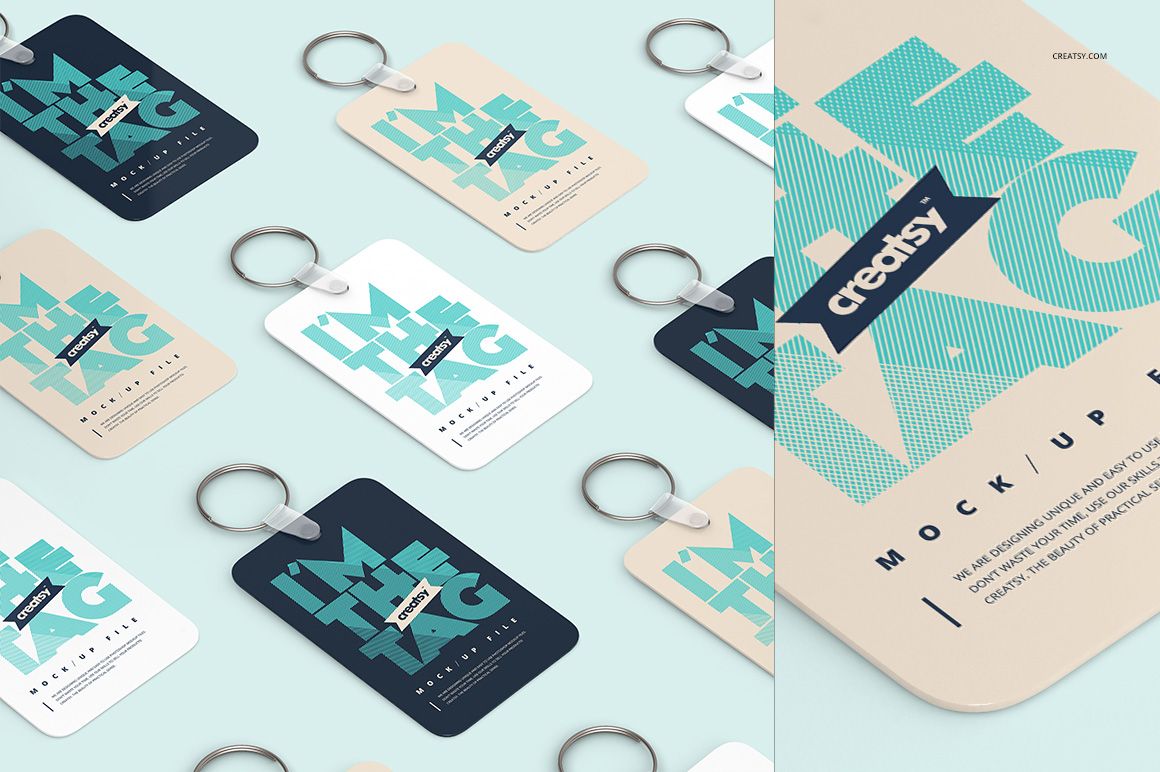 Front view of several rectangular keychain mockups in navy, beige, and white, each with large graphic lettering.